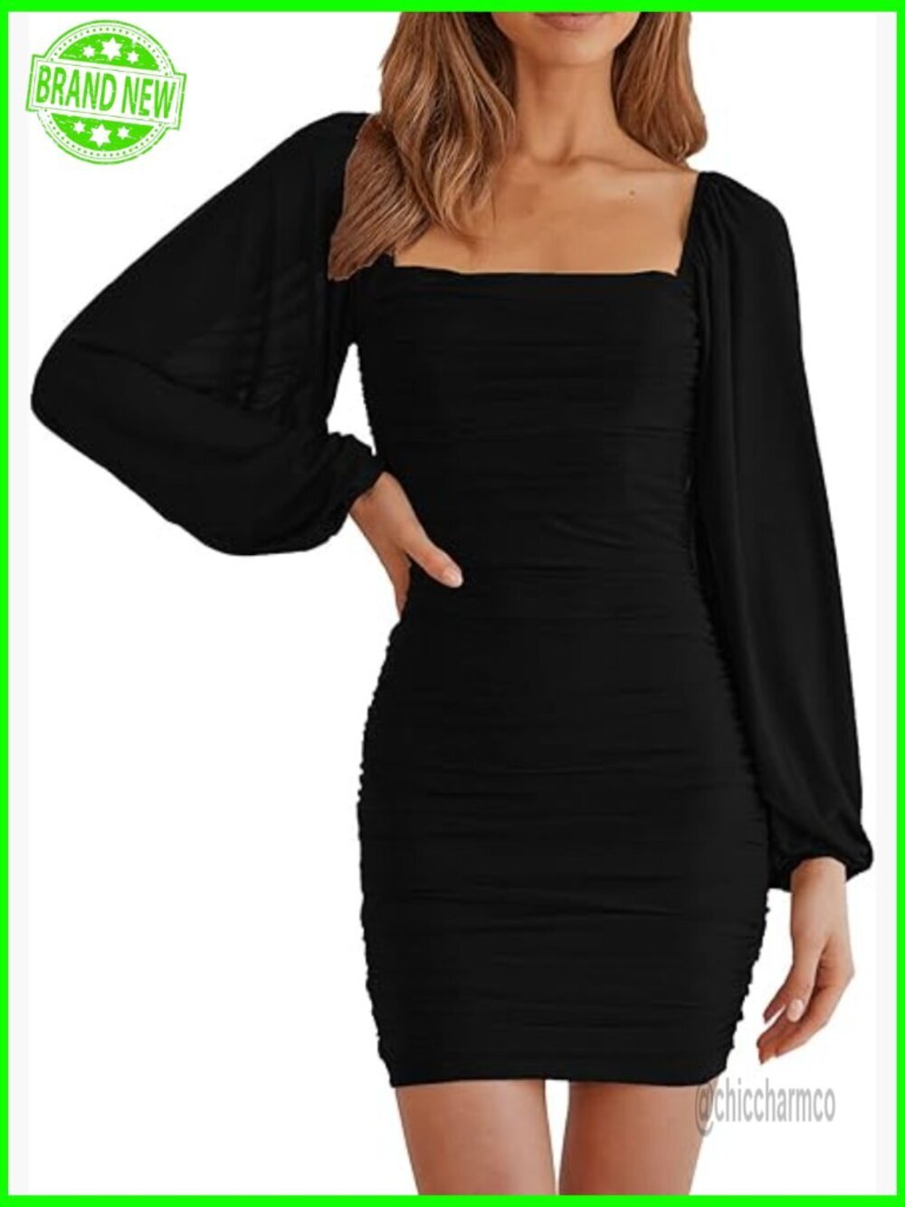 Square Neck Lantern Sleeve Mesh Ruched Bodycon Mini Dress